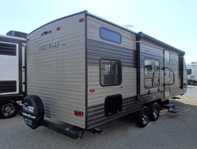Back trailer view of 2018 Grey Wolf Bunkhouse camper for rent near lansing
